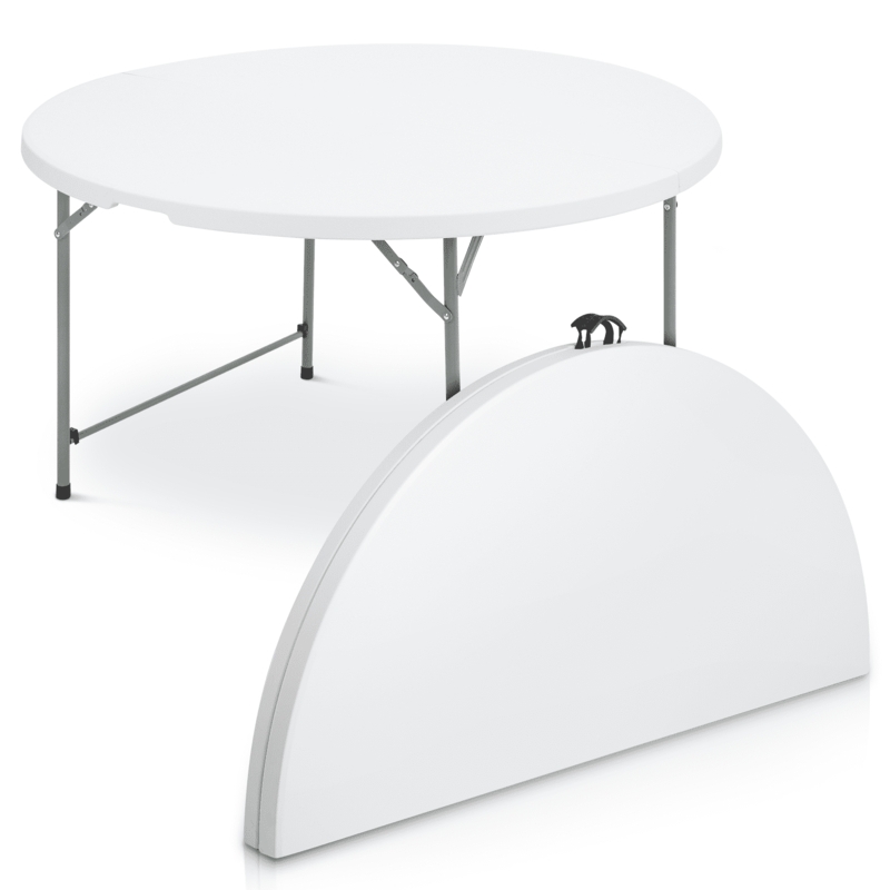 Round Folding Table, White Bifold Banquet Table with Integrated Handle