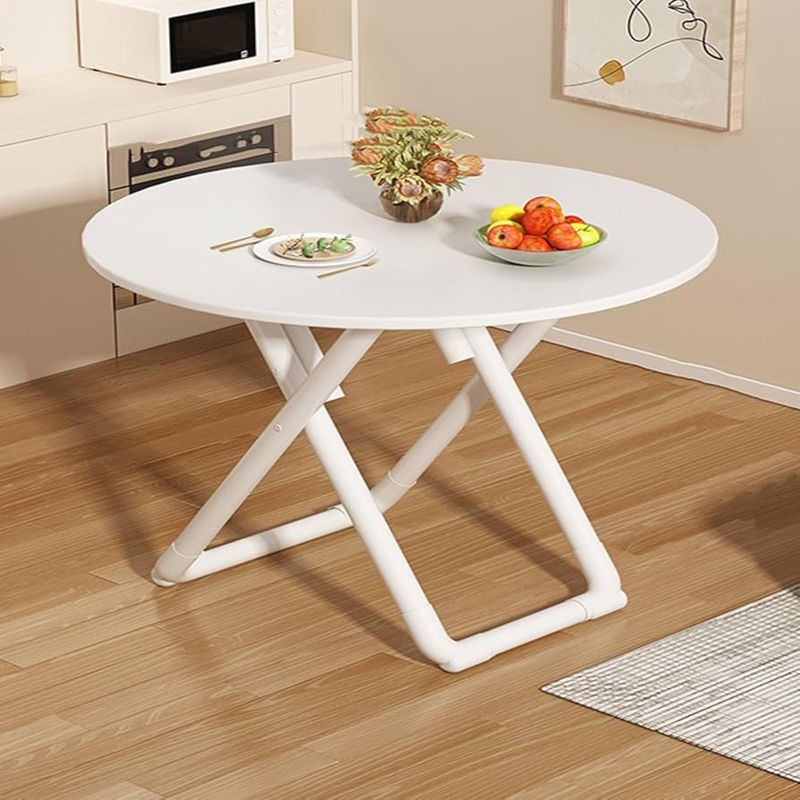 Round Folding Table, White Minimalist X-Frame with Floor Stabilizers