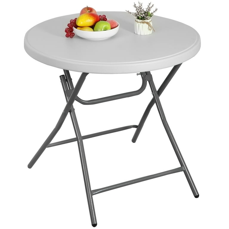 Round Folding Table with White Plastic Top and X-Frame Legs