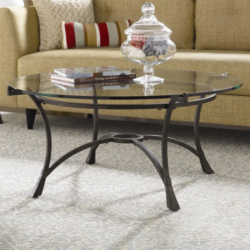 Round Glass Cocktail Table Bronze Curved Legs Central Stretcher