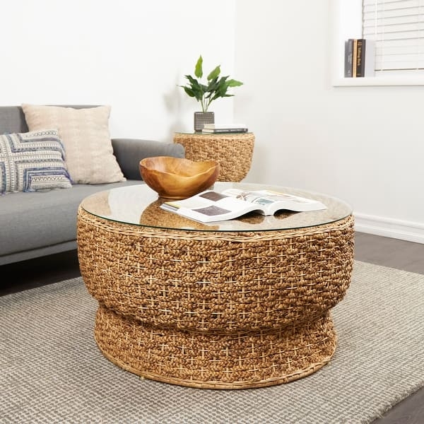 Round Glass Top Coffee Table Chunky Woven Tapered Drum