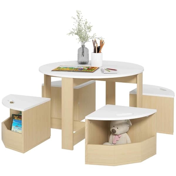 Round Kids Table Set with Nesting Wedge Storage Stools