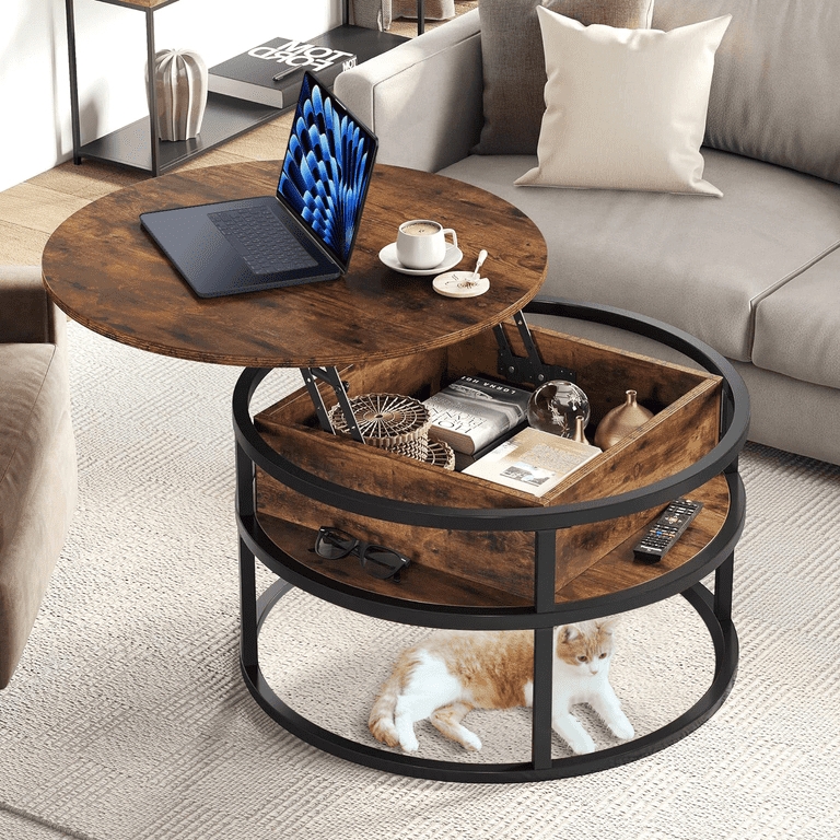 Round Lift Top Coffee Table Rustic Brown Hidden Storage Industrial