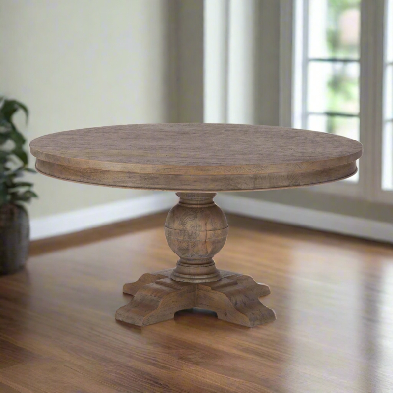 Round Mango Wood Dining Table with Chunky Turned Pedestal Rustic Farmhouse