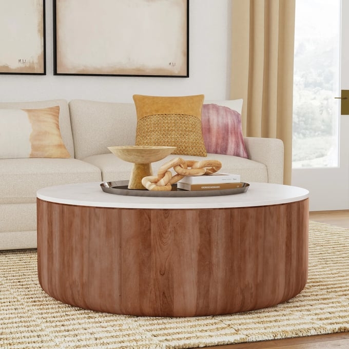 Round Marble Coffee Table Wood Drum Base Vertical Grain