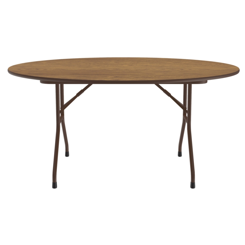 Round Melamine Folding Table, 60 Inch Walnut Wood Grain Industrial