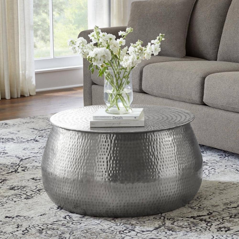 Round Metal Coffee Table Hammered Finish Lift Top Storage
