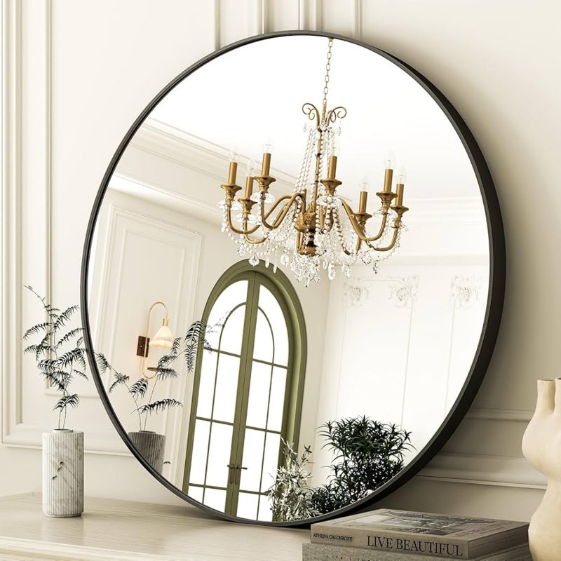 Round Mirror, 30 Inch Diameter Matte Black Ultra Slim Edge
