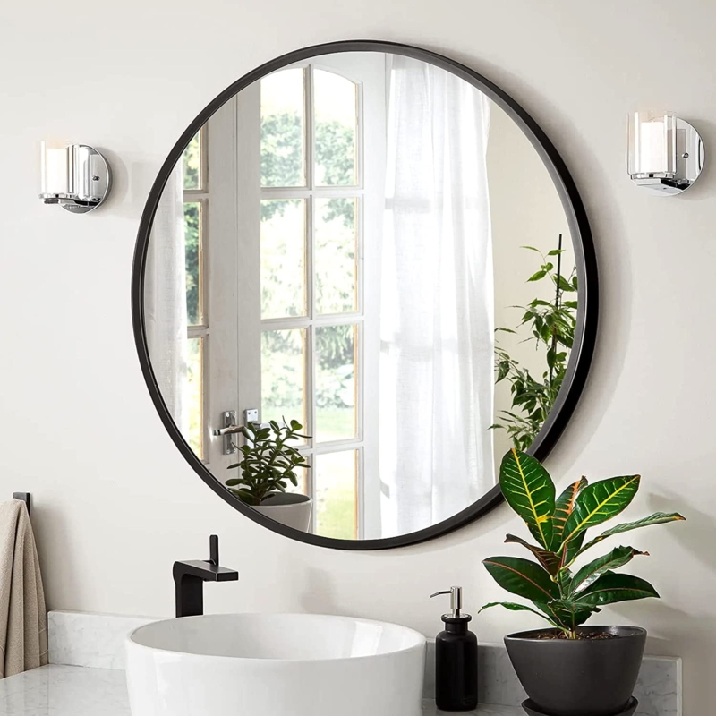 Round Mirror, Thin Black Frame Matte Finish Modern Bathroom