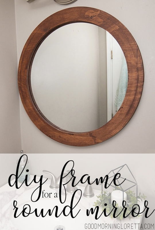 Round Mirror, Wide Wood Frame Rustic Walnut Stained Farmhouse
