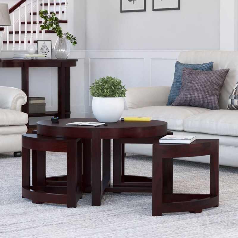 Round Nested Coffee Table, Open Frame Wedge Stools, Dark Wood Finish