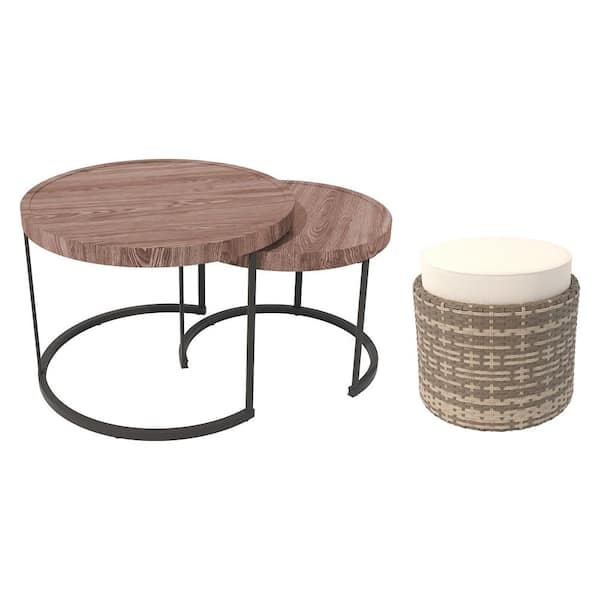 Round Nesting Table Set Wood Iron Wicker Ottoman Boho