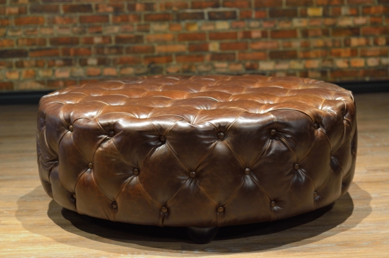 Round Ottoman: Burnished Tobacco Finish, Industrial Vintage Tufting.