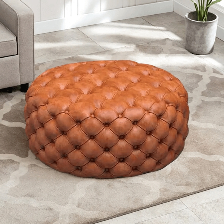 Round Ottoman: Burnt Orange, All-Over Diamond Tufting, Mid-Century.