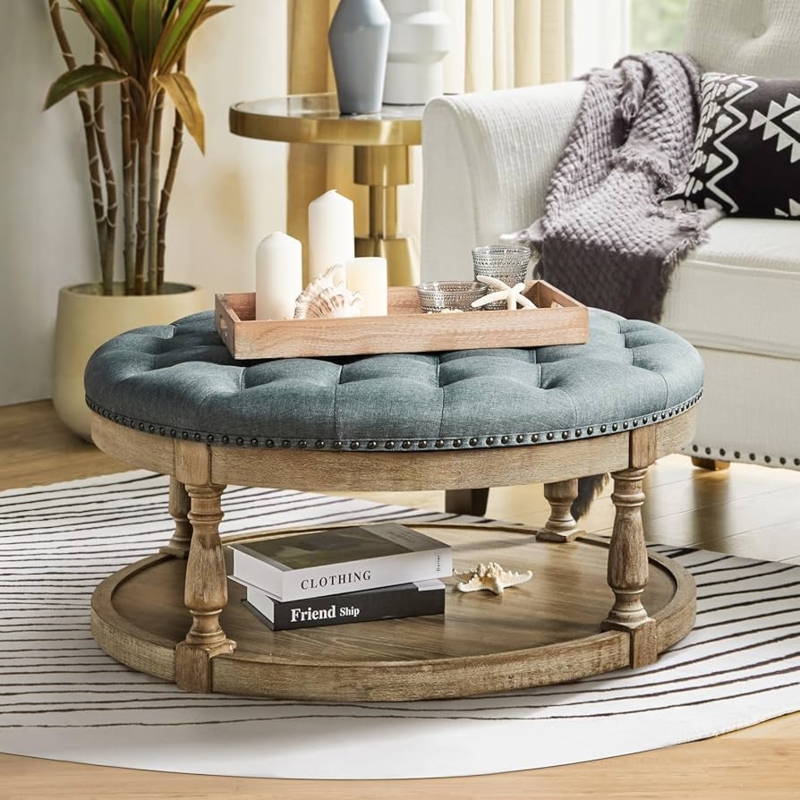 Round Ottoman Coffee Table Dusty Blue Turned Spindle Legs Farmhouse