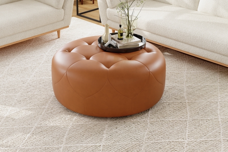 Round Ottoman: Diamond Quilted Top, Drum Base, Modern Luxe Cognac Finish.