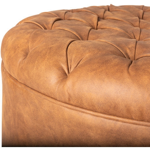 Round Ottoman featuring Buttonless Tufting and Welted Trim, Honey Brown.