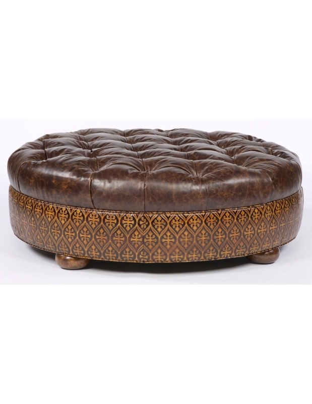 Round Ottoman: Patterned Base Detail, Bun Feet, Traditional Espresso.