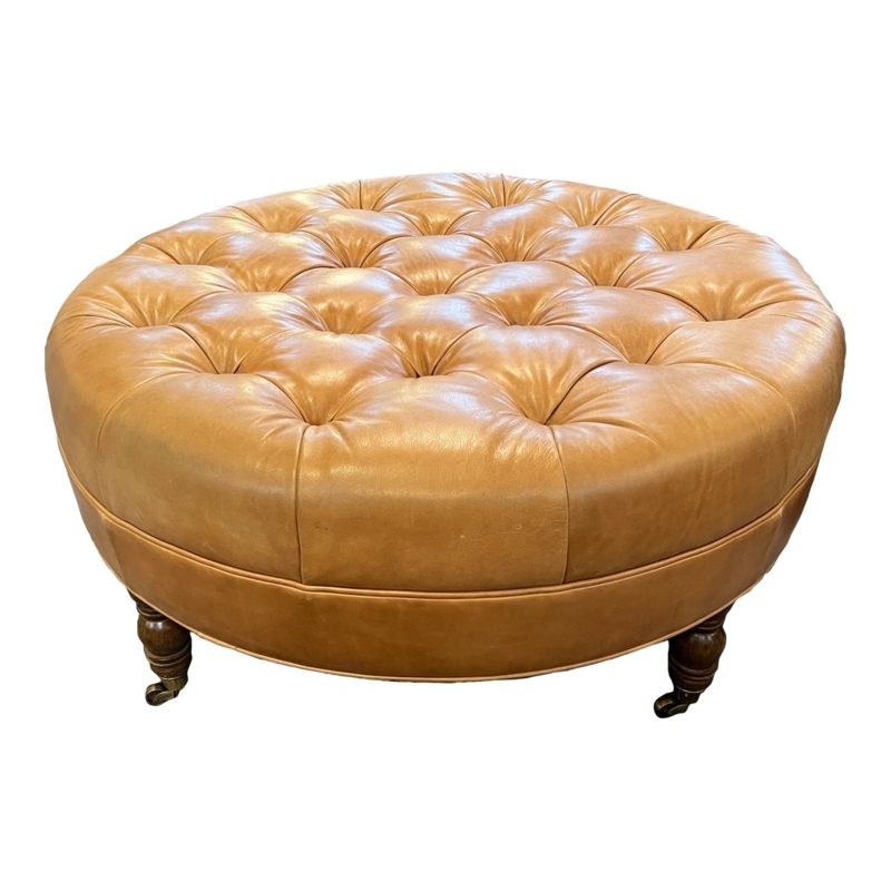 Round Ottoman: Traditional Style, Turned Legs, Metal Casters, Camel Tan.