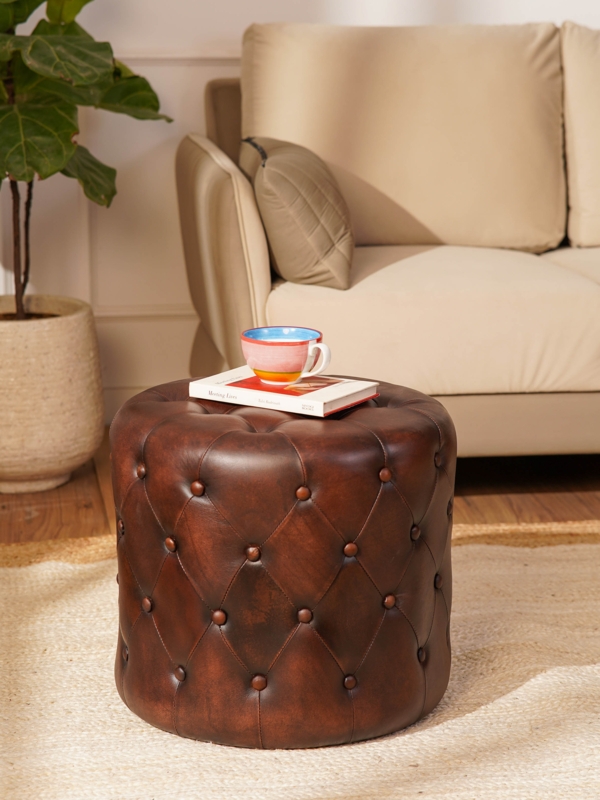 Round Ottoman: Walnut Finish, Upholstered Buttons, Chesterfield Style.