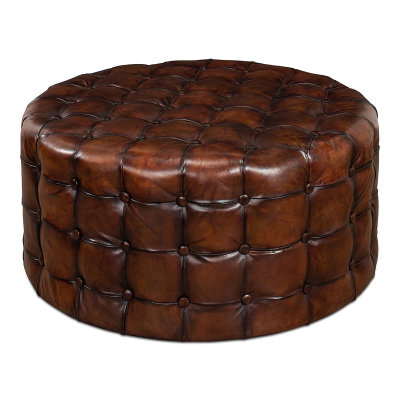Round Ottoman with All-Over Upholstery, Antique Patina, Chestnut Brown.