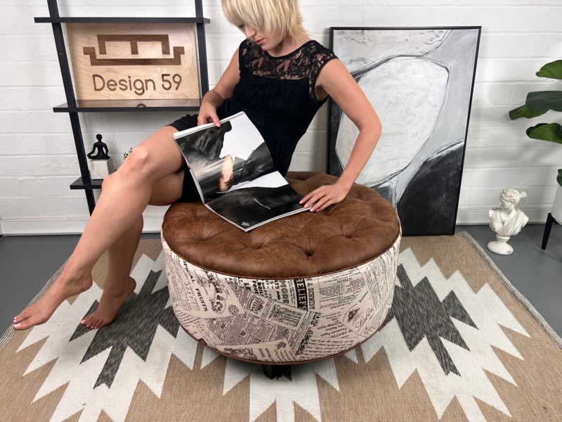 Round Ottoman with Newsprint Upholstery and Cognac Tufted Top
