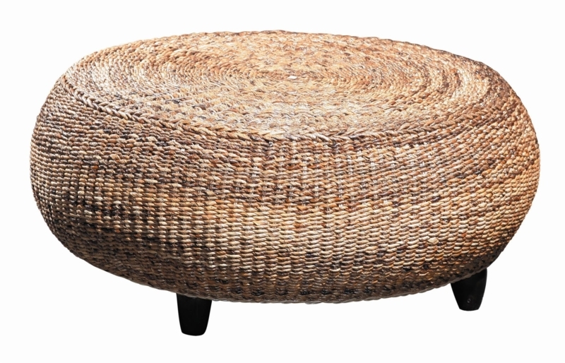 Round Ottoman with Spiral Weave Top, Woven Wicker Drum Silhouette