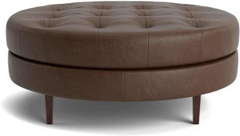 Round Ottoman with Tiered Base, Chocolate Brown Grid Stitching.