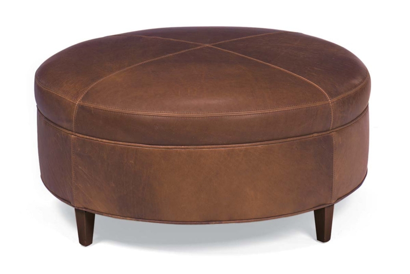 Round Ottoman: X-Pattern Stitching, Inlay Welting, Chestnut Brown.