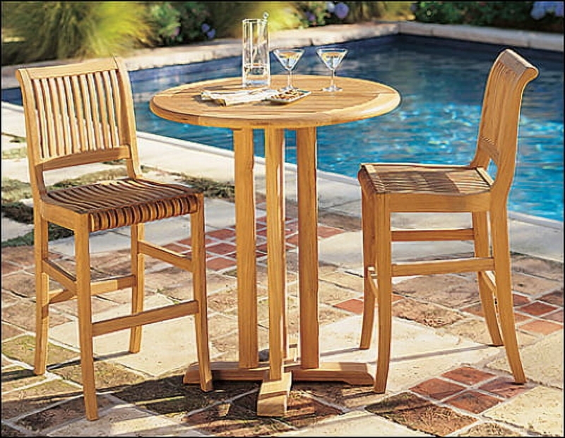 Round Outdoor Bar Set with Armless Contoured Slat Stools
