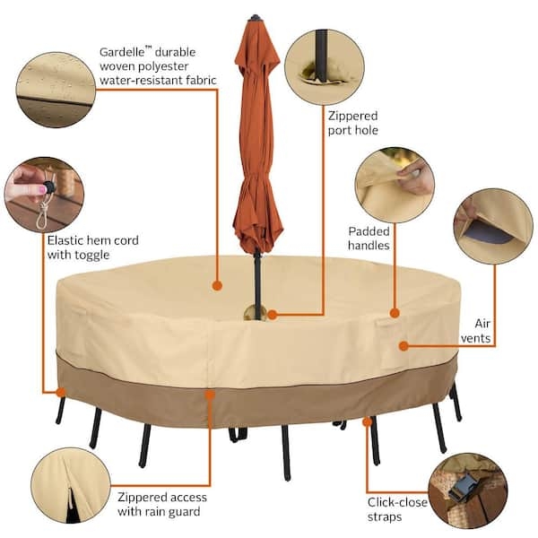 Round Patio Table Cover Umbrella Hole Two Tone Padded Lifting Handles