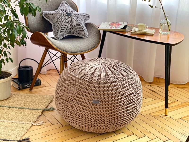 Round Pouf, Chunky Knit Texture with Ribbed Top Detail in Mauve