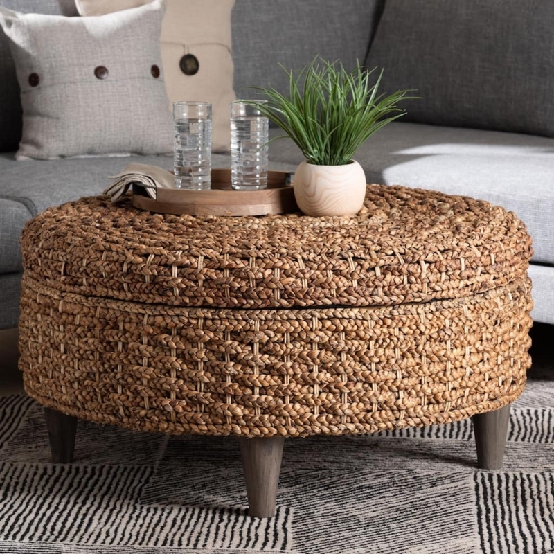 Round Seagrass Storage Ottoman Lift Top Braided Weave