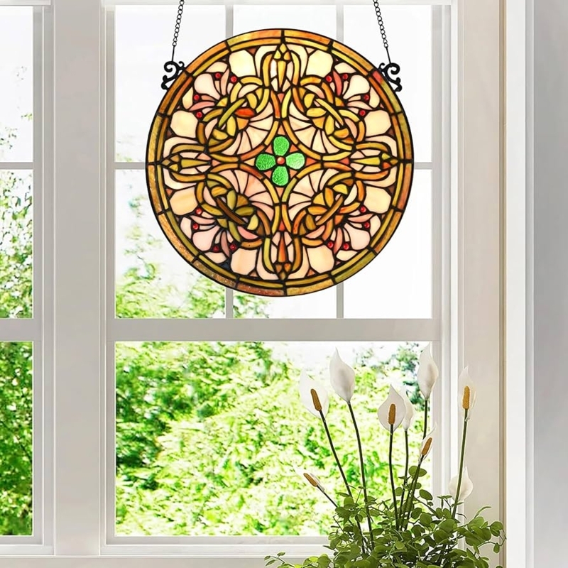 Round Stained Glass Panel, Geometric Mandala, Hanging Chain.