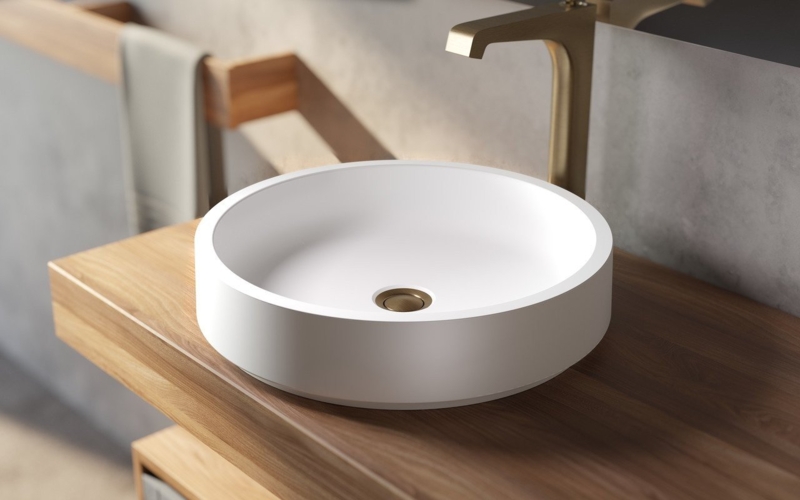 Round Stone Vessel Sink: Matte White Thin Rim Profile