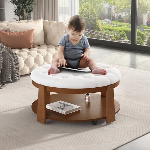 Round Storage Ottoman Ivory White Tufted Swivel Casters Wood Shelf