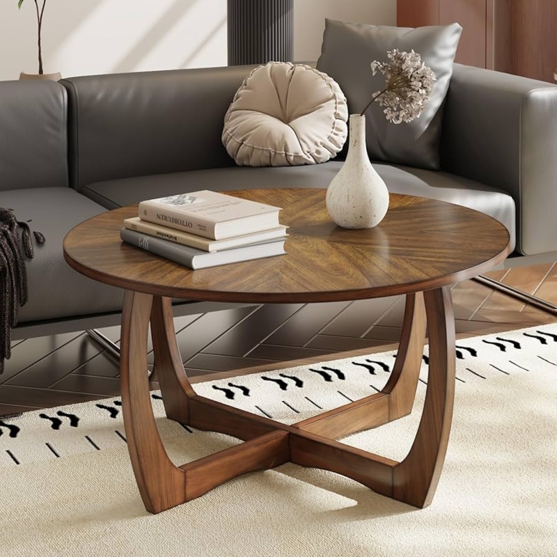 Round Sunburst Coffee Table Curved X-Base Walnut Wood