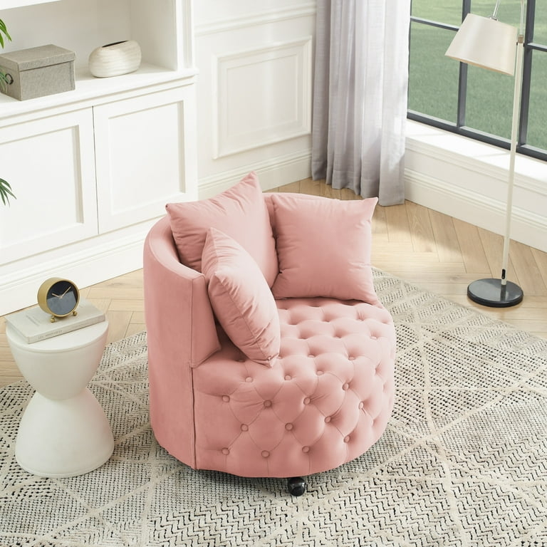 Round Swivel Accent Chair with Button Tufting and Toss Pillows