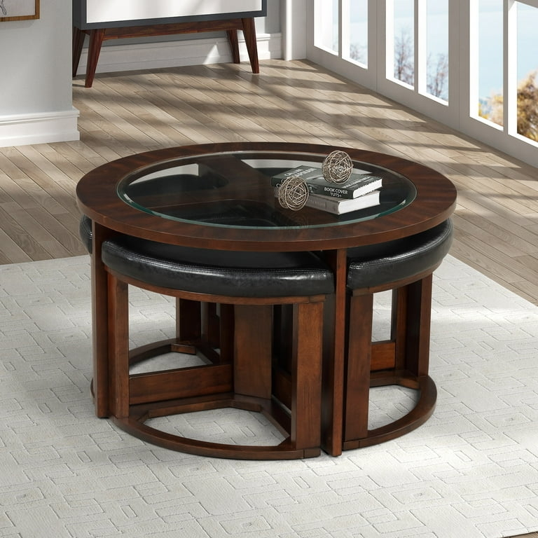 Round Table Set features Wedge Seats, Glass Top Insert, Espresso Finish