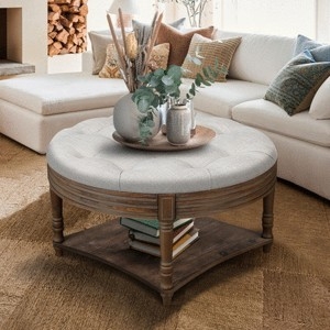 Round Tufted Ottoman Coffee Table Light Gray Square Lower Shelf