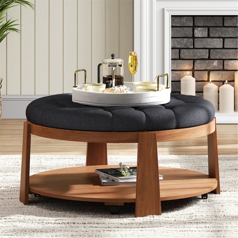 Round Upholstered Coffee Table Charcoal Tufted Tapered Block Legs