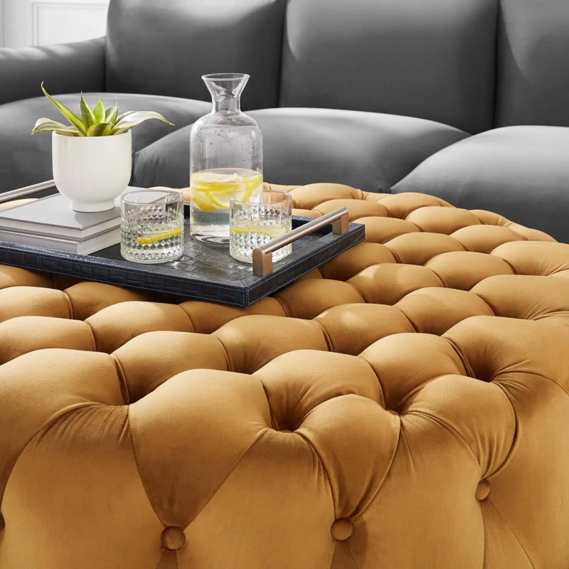 Round Velvet Ottoman Cognac Totally Tufted All Over Diamond Pattern