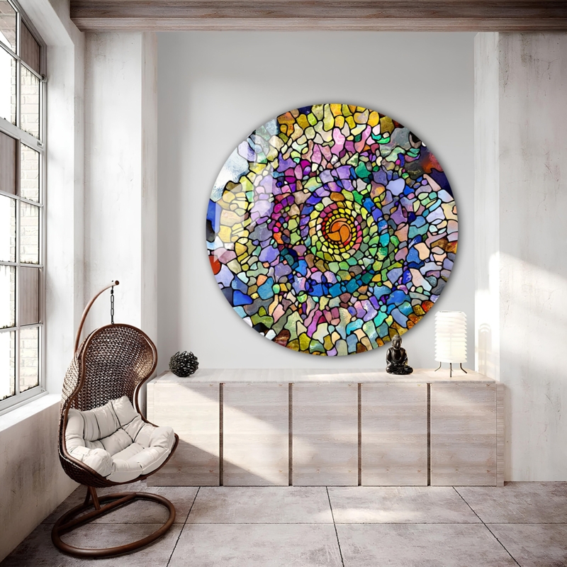 Round Wall Art Vibrant Spiral Stained Glass Effect Decor