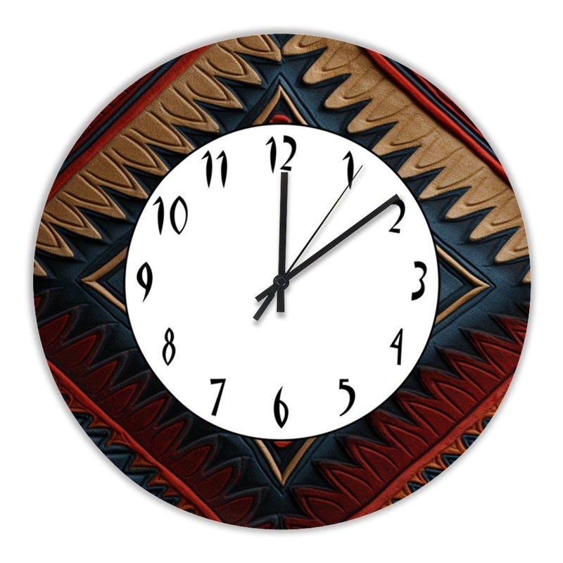 Round Wall Clock: Brick Red Southwestern Pattern, Stylized Numerals