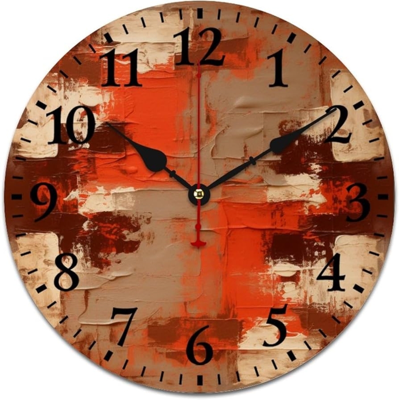Round Wall Clock: Earthy Impasto Texture Effect, Bold Serif Numerals
