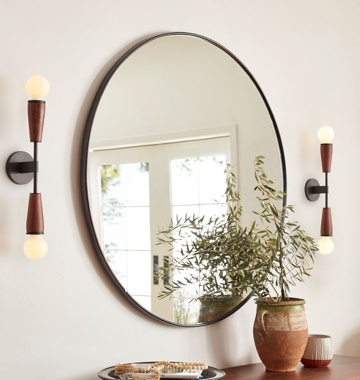 Round Wall Mirror, Aged Brass Finish Thin Metal Transitional Decor