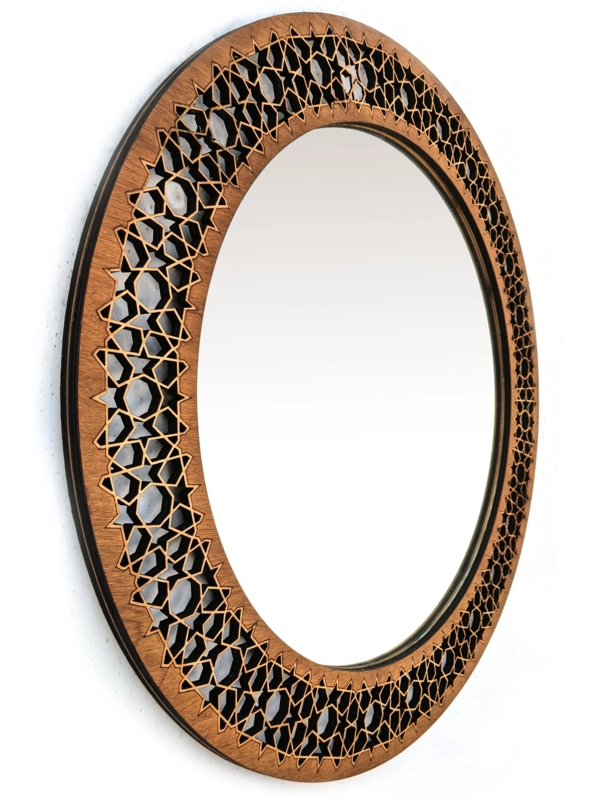 Round Wall Mirror, Geometric Star Cutouts Bohemian Wood Lattice