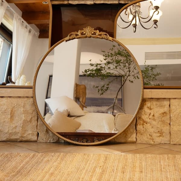 Round Wall Mirror, Ornate Top Crest Antique Gold Beaded Metal