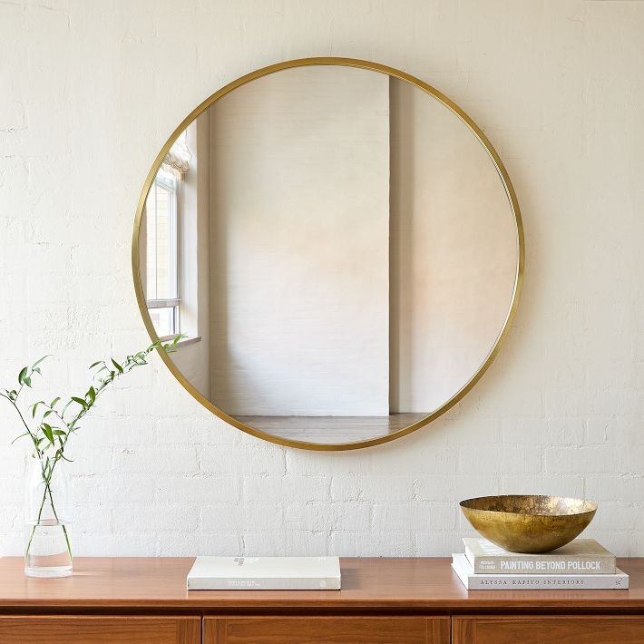 Round Wall Mirror, Oversized Circular Form Bronze Mid-Century