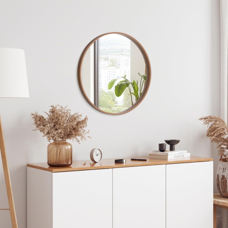 Round Wall Mirror, Walnut Wood Frame Thin Profile Mid-Century